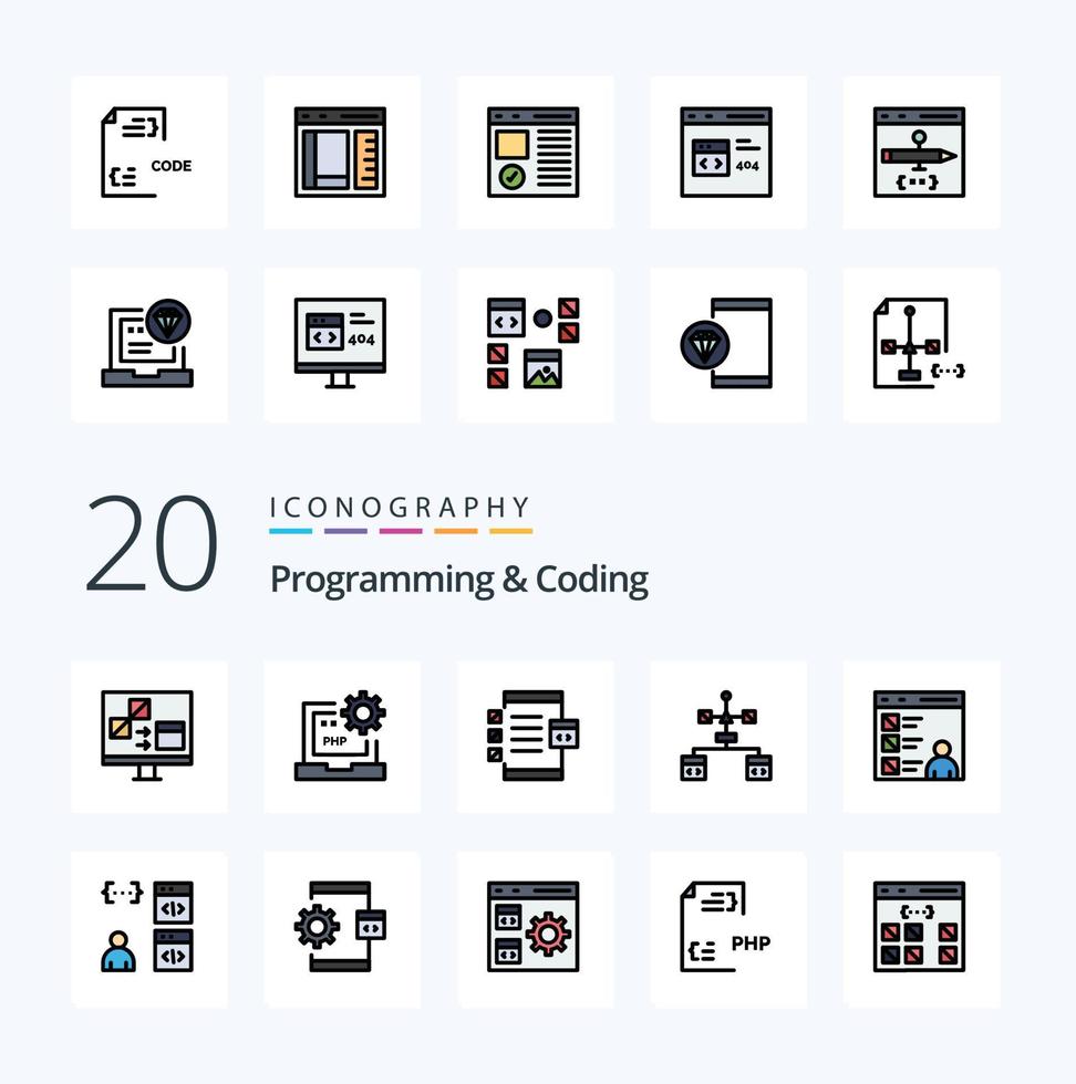 20 Programming And Coding Line Filled Color icon Pack like develop code development device develop vector