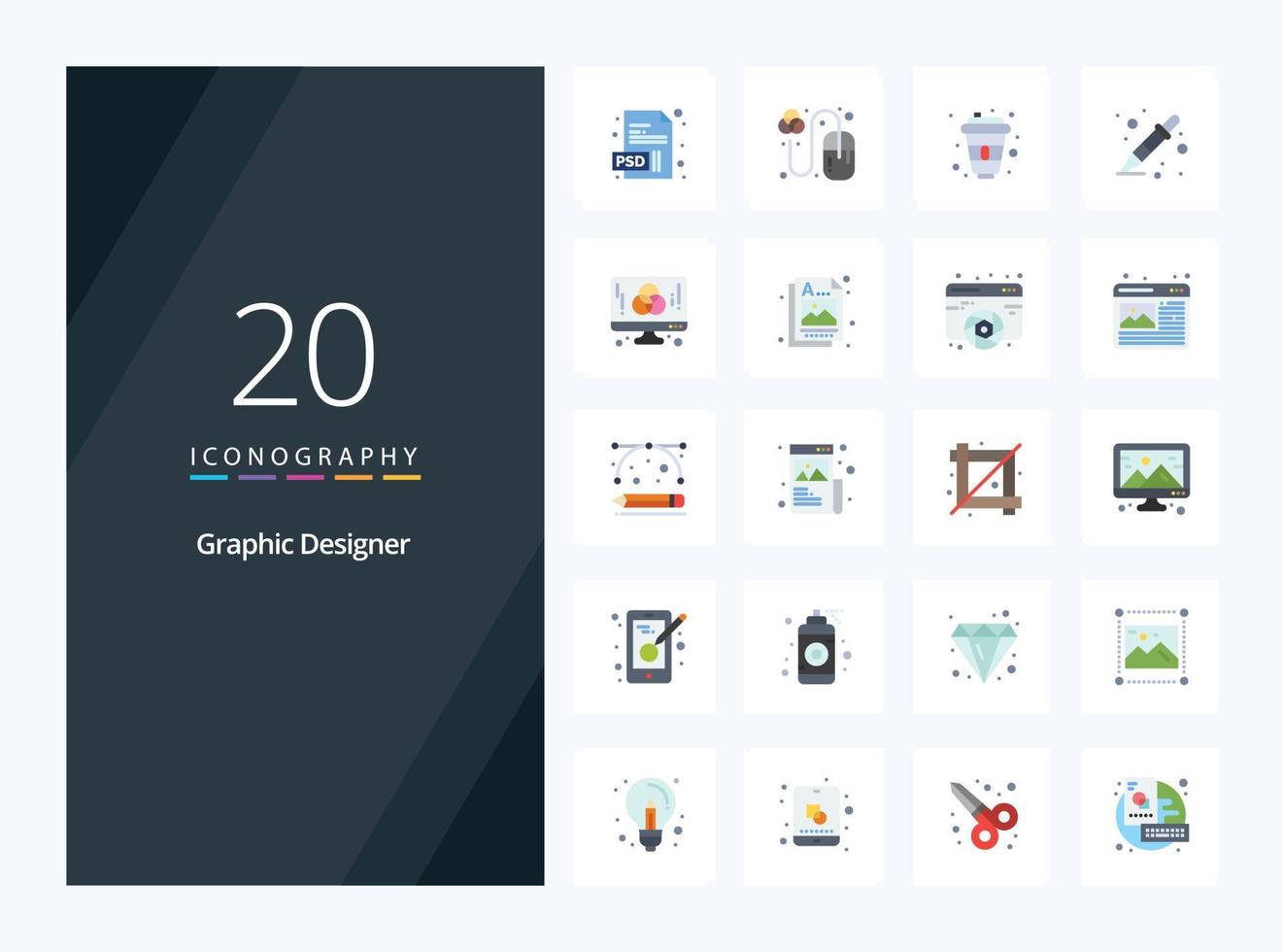 20 Graphic Designer Flat Color icon for presentation vector