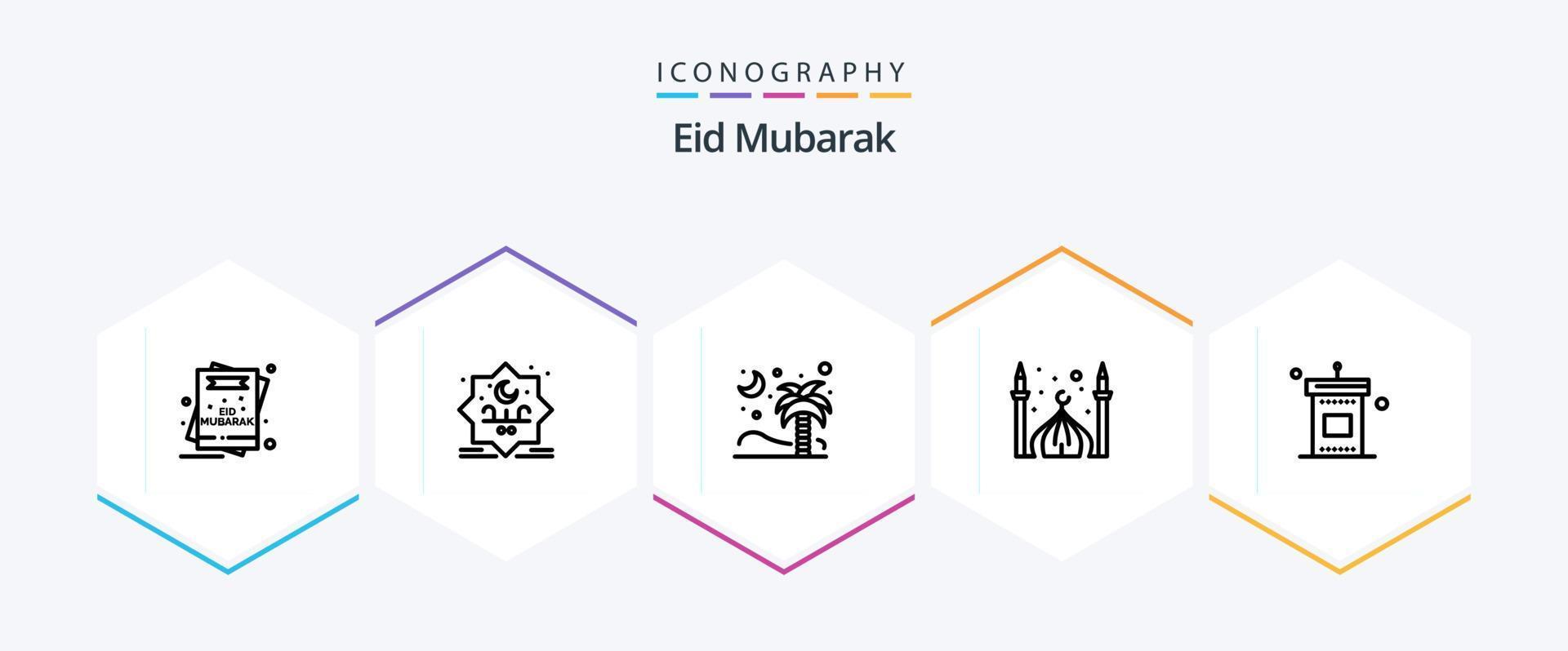 Eid Mubarak 25 Line icon pack including moon. masjid. stamp. mosque. islamic vector
