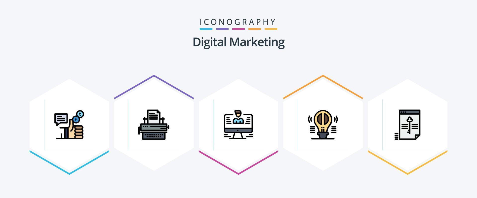 paquete de íconos de 25 líneas completas de marketing digital que incluye pensamiento creativo. cerebro. llaves. perfil. datos vector