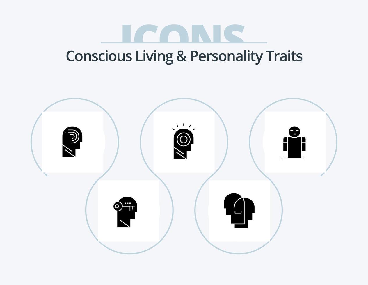 Concious Living And Personality Traits Glyph Icon Pack 5 Icon Design. hat. light. feelings. idea. mind vector