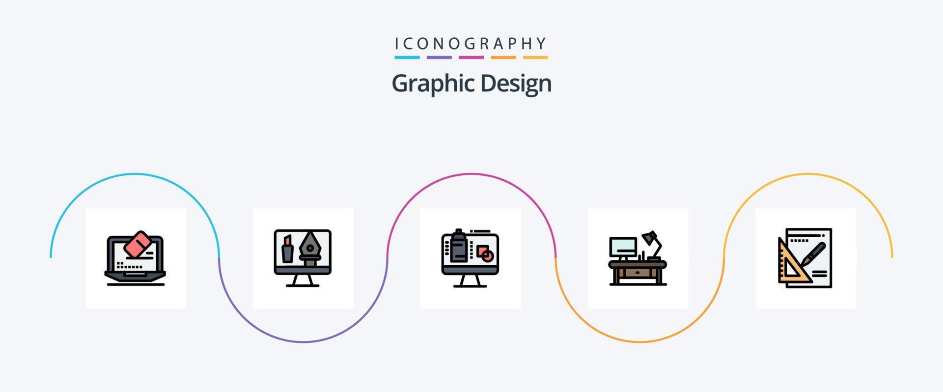 Graphic Design Line Filled Flat 5 Icon Pack Including layout. business. computer. office table. table lamp vector