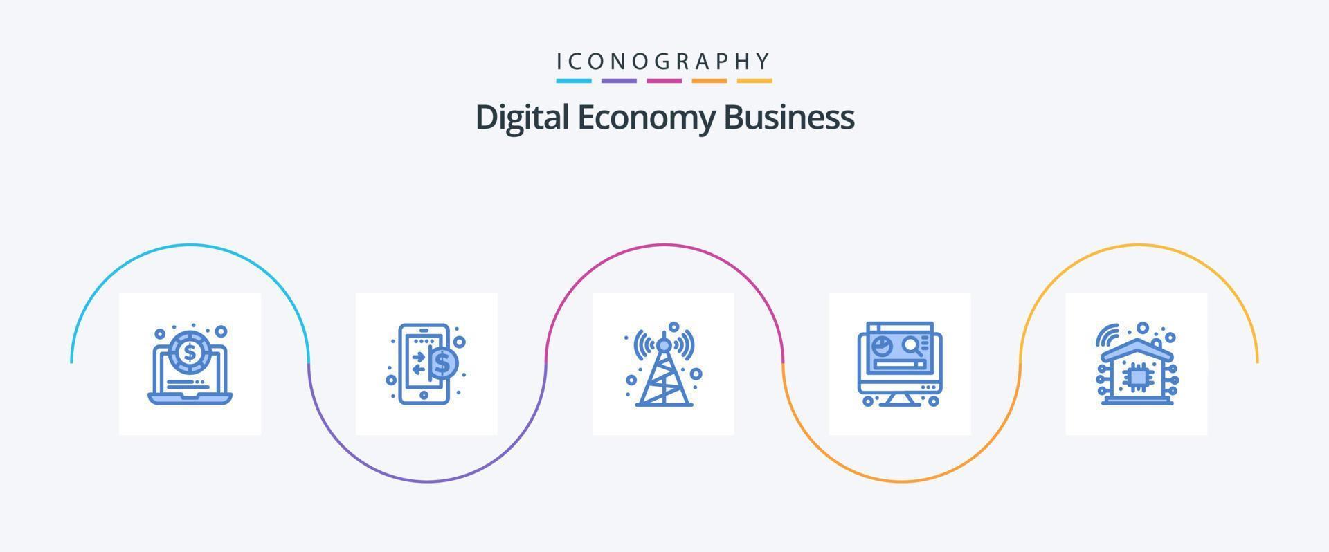 Digital Economy Business Blue 5 Icon Pack Including . technology. radio. smart home. graph vector