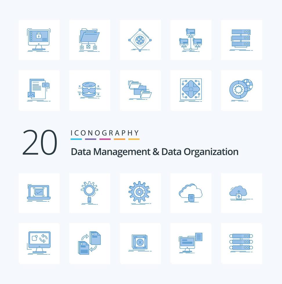 20 gestión de datos y organización de datos paquete de iconos de color azul como gestión de progreso de procesos de nube de documentos vector