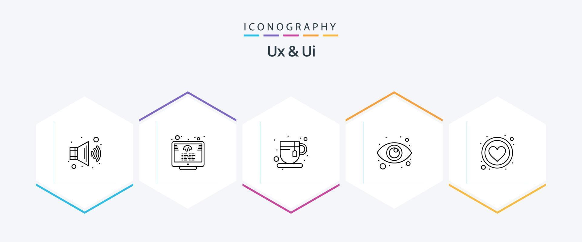 Ux And Ui 25 Line icon pack including like. app. tea break. favorite. vision vector