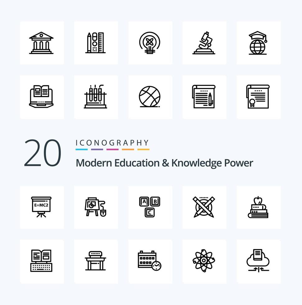 20 Modern Education And Knowledge Power Line icon Pack like book pen abc education knowledge vector