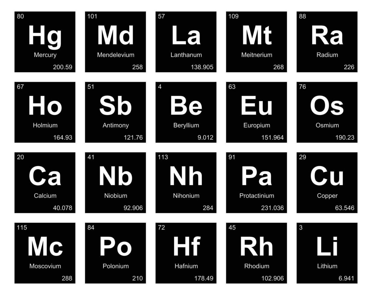 diseño de paquete de iconos de 20 tablas preiodicas de los elementos vector