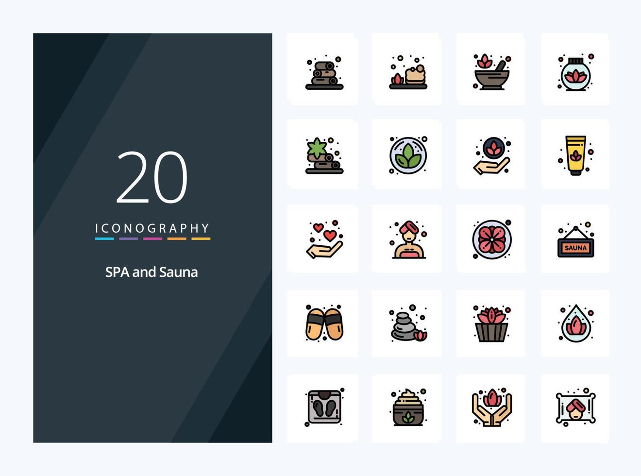 20 icono lleno de línea de sauna para presentación vector