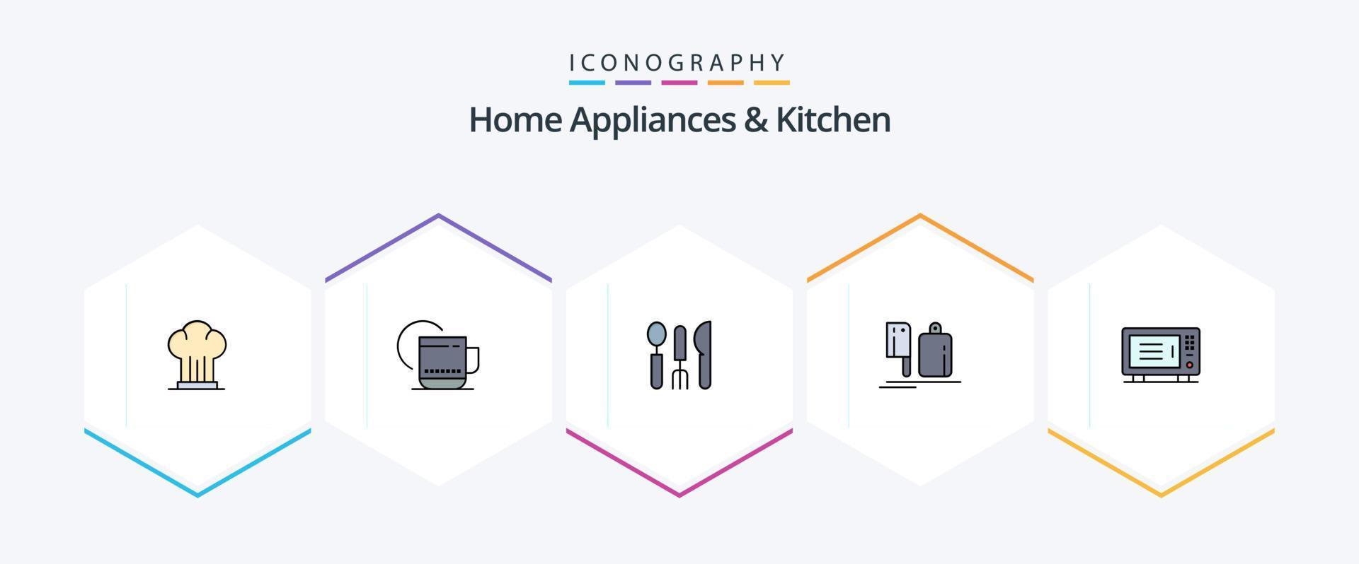 Home Appliances And Kitchen 25 FilledLine icon pack including food. chef. service. kitchen. travel vector