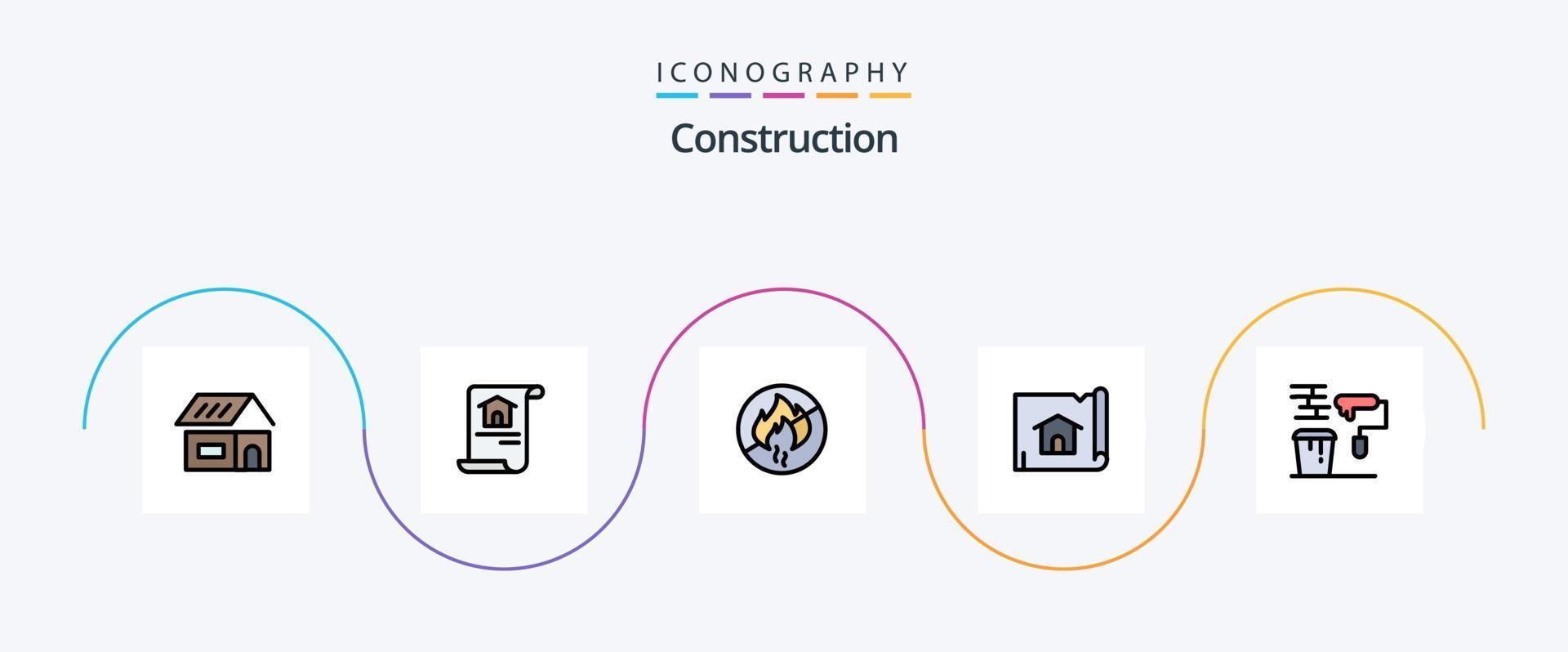 Construction Line Filled Flat 5 Icon Pack Including paint. house. no fire. map. building vector