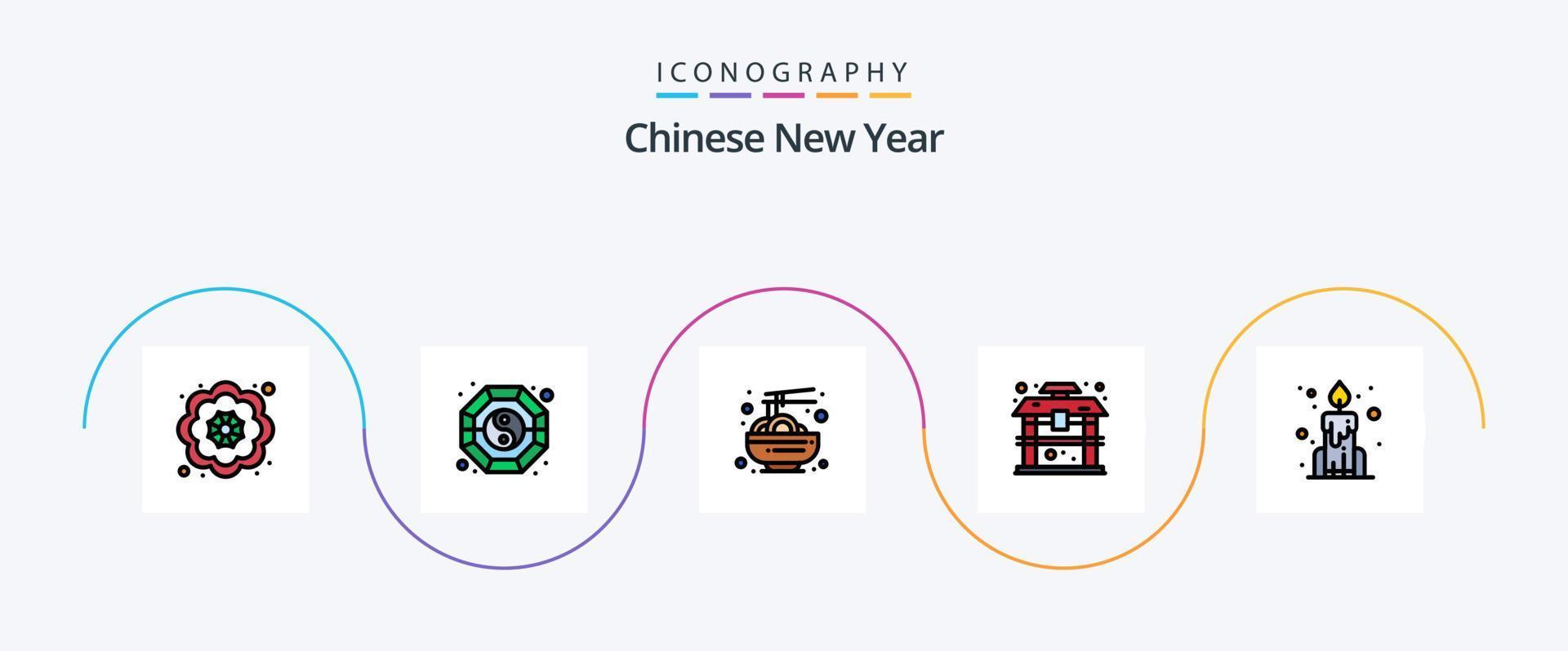 la línea del año nuevo chino llenó el paquete de iconos flat 5, incluido el chino. vela. chino. chino. edificio vector