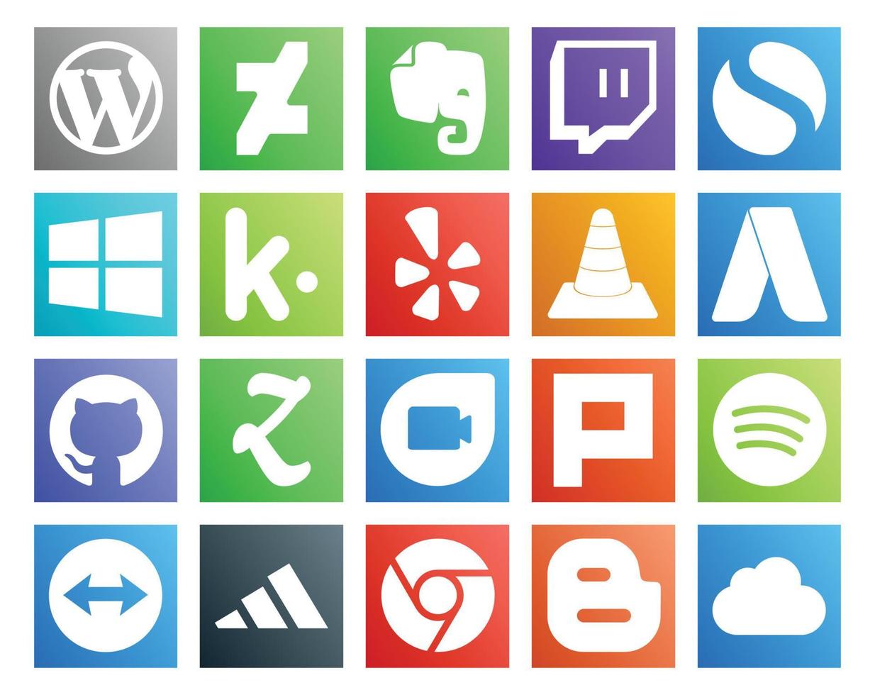 Paquete de 20 íconos de redes sociales que incluye spotify google duo yelp zootool adwords vector