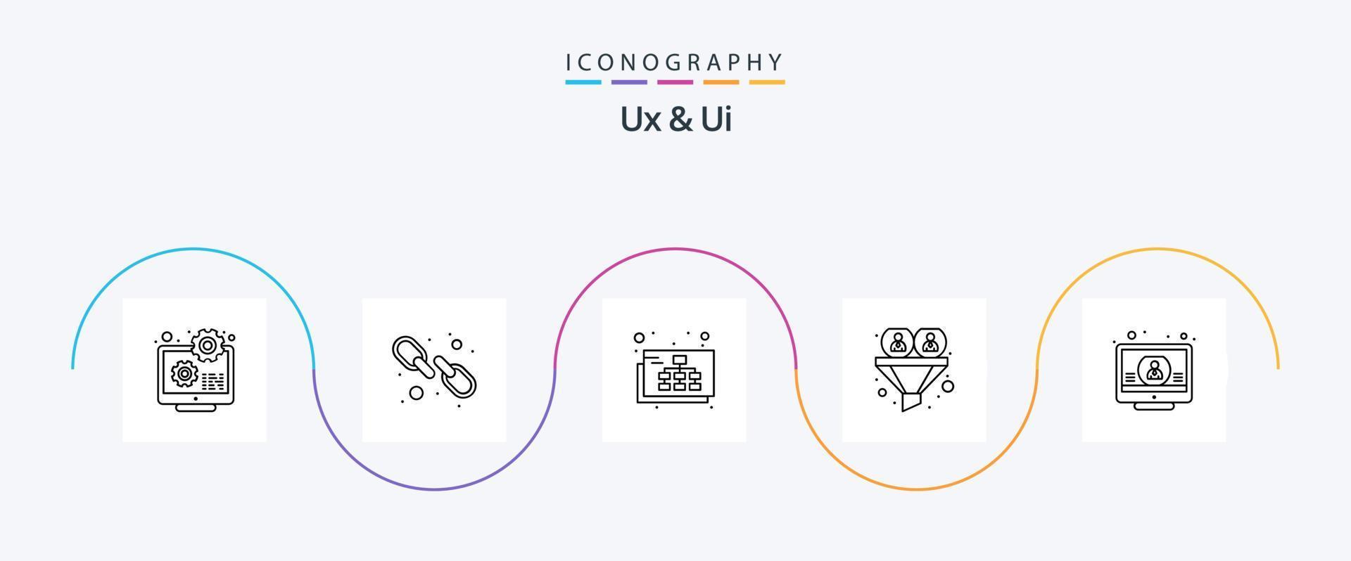 Ux And Ui Line 5 Icon Pack Including user. funnel. web link. filter. page vector