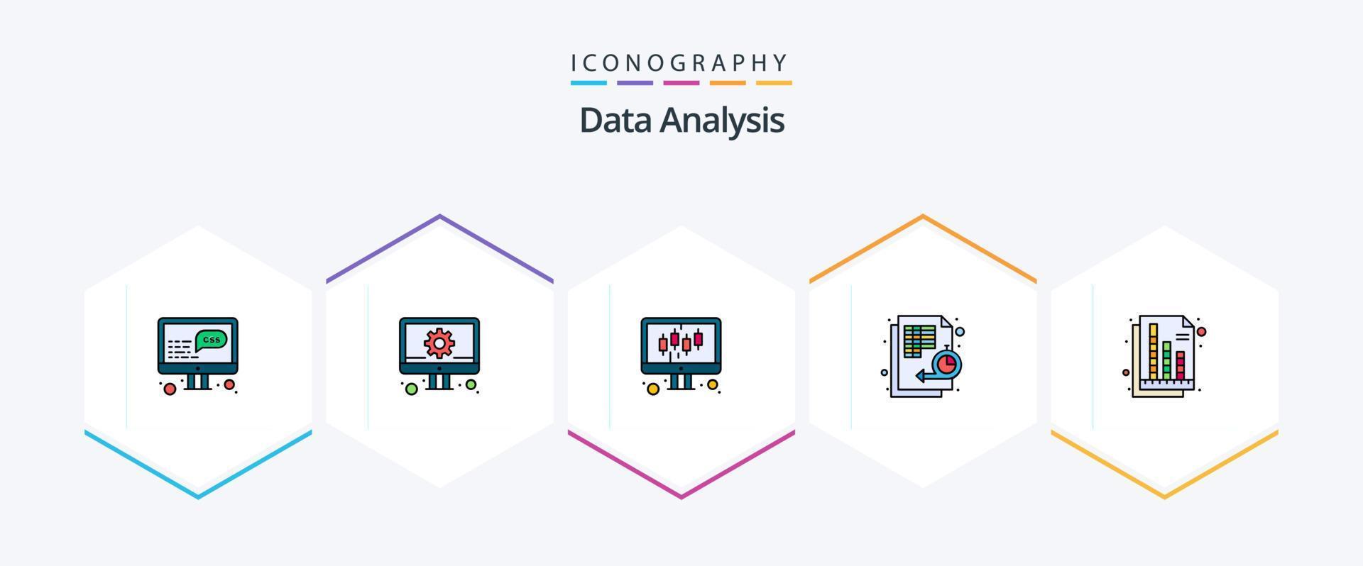 paquete de iconos de 25 líneas completas de análisis de datos que incluye el documento. tiempo. computadora. gestión. datos vector