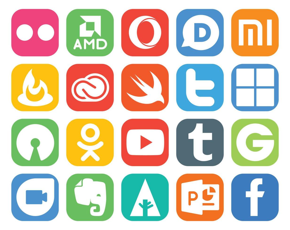 Paquete de 20 iconos de redes sociales que incluye tumblr youtube adobe odnoklassniki microsoft vector