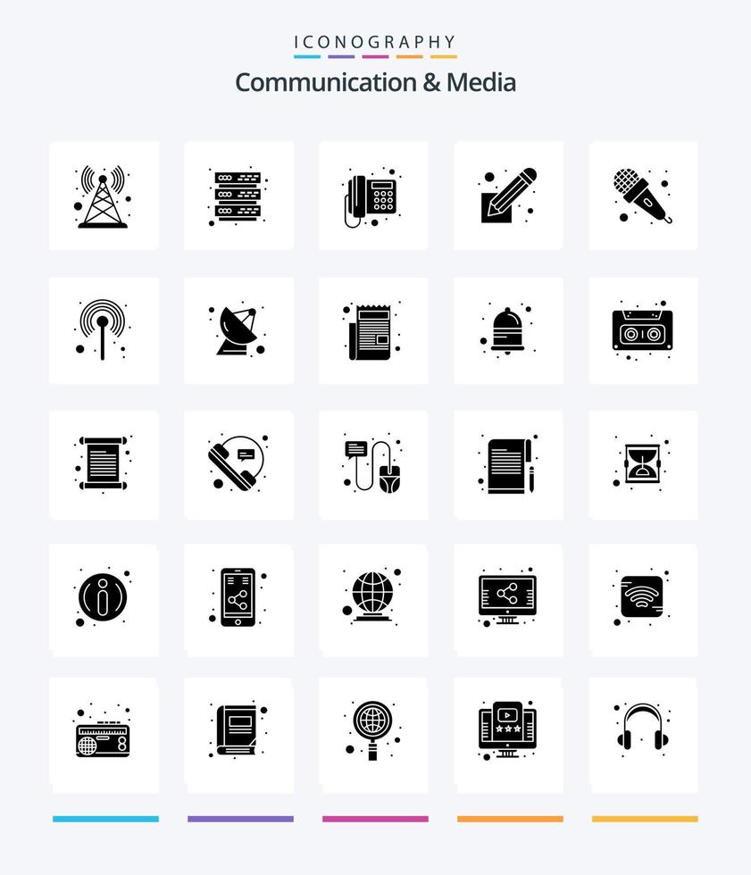 Creative Communication And Media 25 Glyph Solid Black icon pack  Such As sound. mic. home. script. screenplay vector