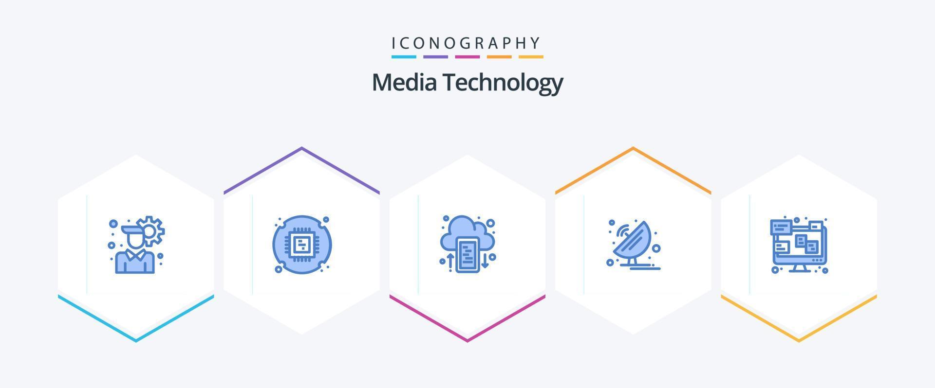 tecnología de medios 25 paquete de iconos azules que incluye comunicación. ciencia. conducir. antena parabólica. Radar vector