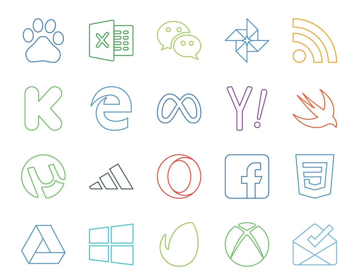 Paquete de 20 íconos de redes sociales que incluye css opera meta adidas swift vector