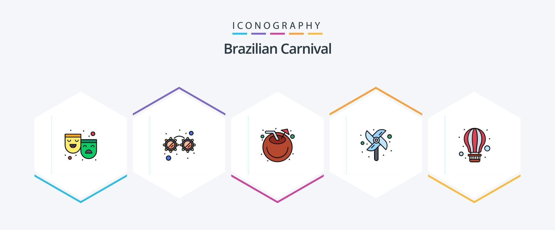 paquete de iconos de 25 líneas completas del carnaval brasileño que incluye aire caliente. globo. Coco. aire. molino vector