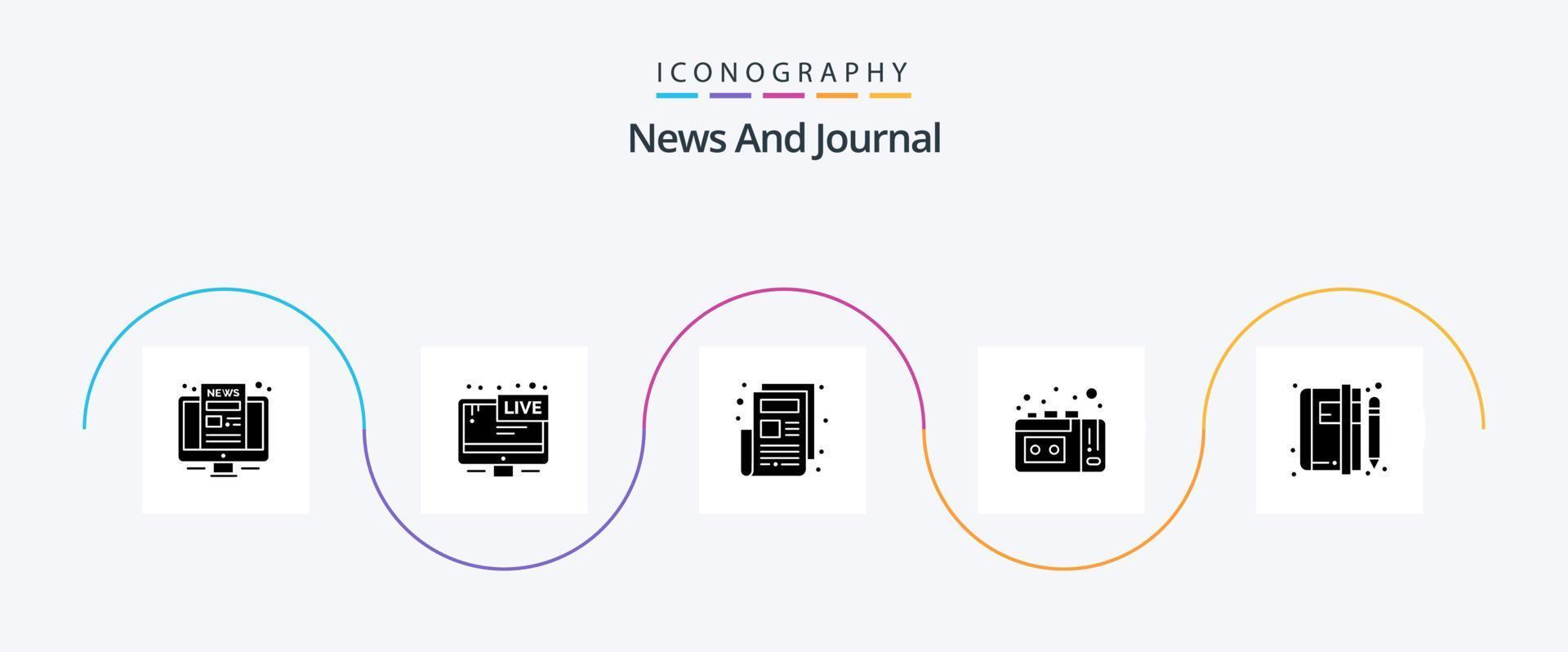 paquete de iconos de glifo 5 de noticias que incluye artículo. bloc. noticias. cinta vhs grabación de cinta vector