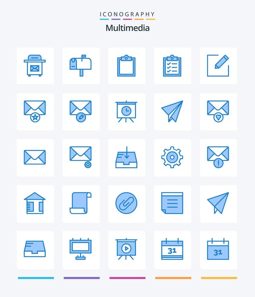 paquete de iconos azules creativos multimedia 25 como escribir. correo. tareas. estrella. correo vector