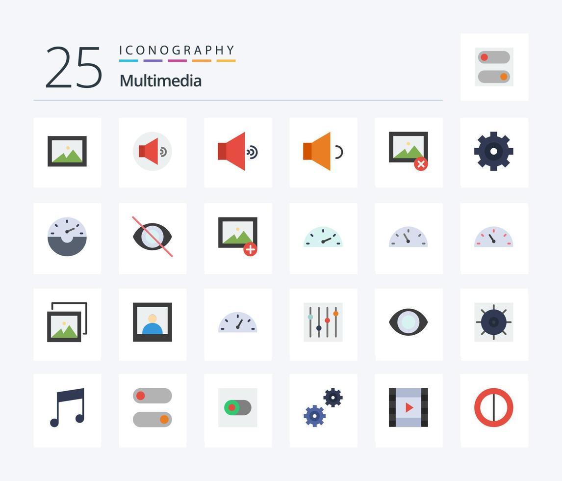 paquete de iconos multimedia de 25 colores planos que incluye ocultar. desactivar. foto. velocidad. estrellarse vector