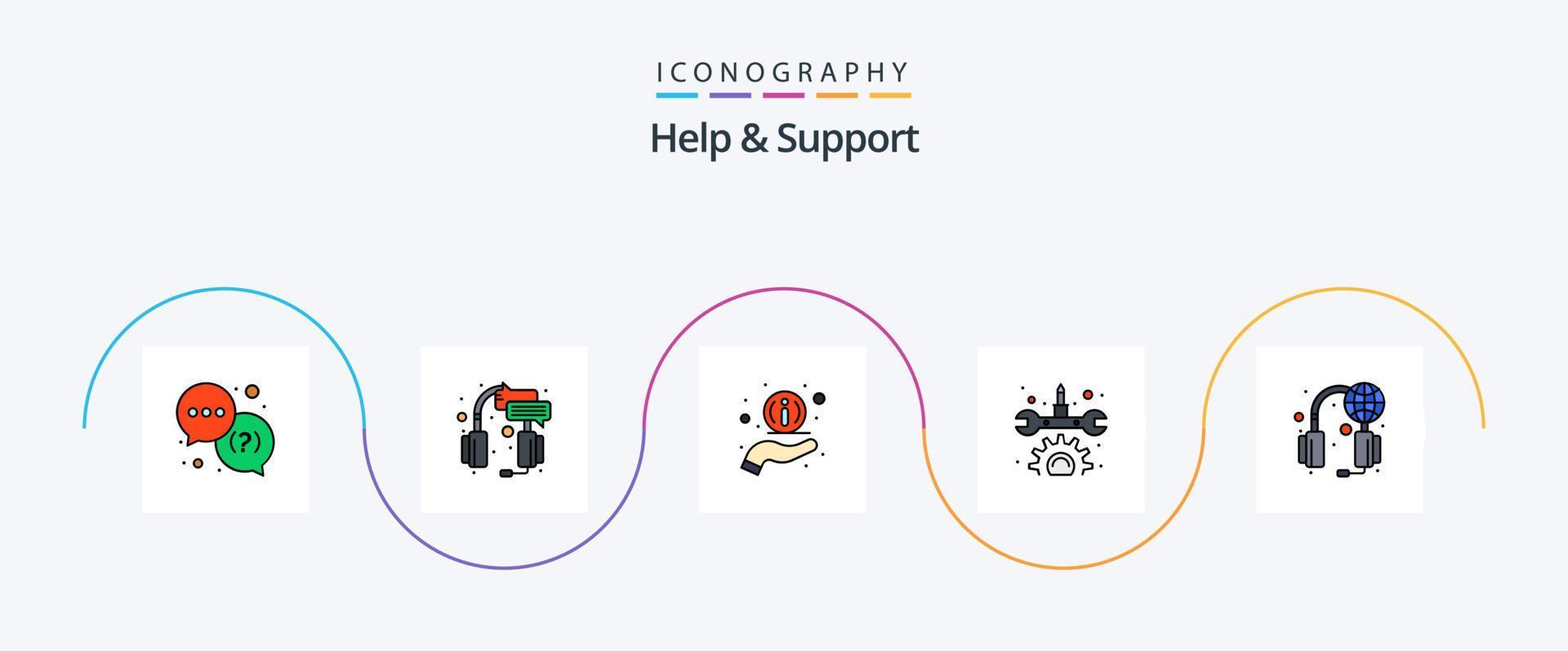 Help And Support Line Filled Flat 5 Icon Pack Including support. help. headset. repair. gear vector