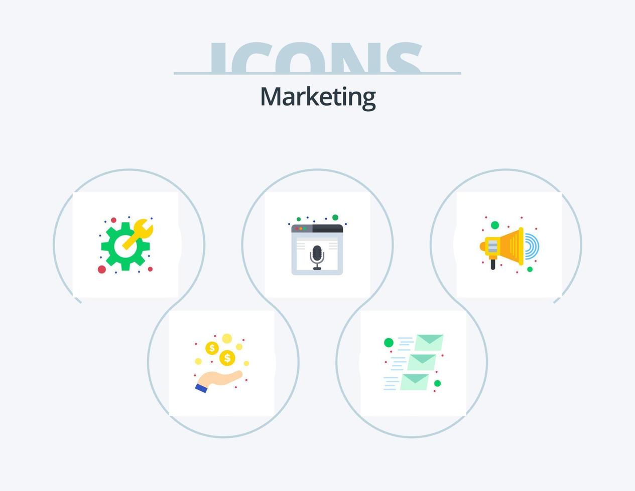 paquete de iconos planos de marketing 5 diseño de iconos. anunciar. podcast. diente. página. Internet vector