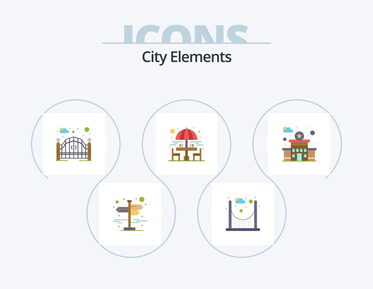 City Elements Flat Icon Pack 5 Icon Design. station. building. gate. sitting table. drinking vector