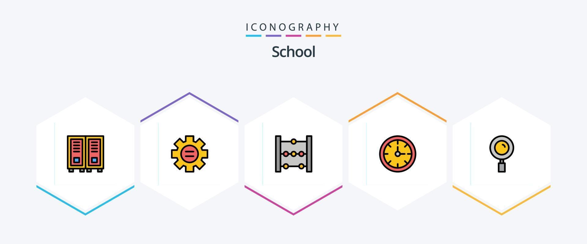 paquete de íconos de línea completa de la escuela 25 que incluye lupa. encontrar. ábaco. tiempo. reloj vector