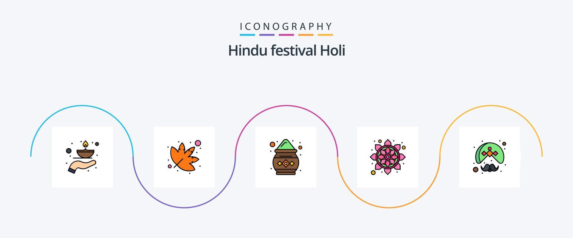 Holi Line Filled Flat 5 Icon Pack Including man. rangoli. color. pattern. flower vector