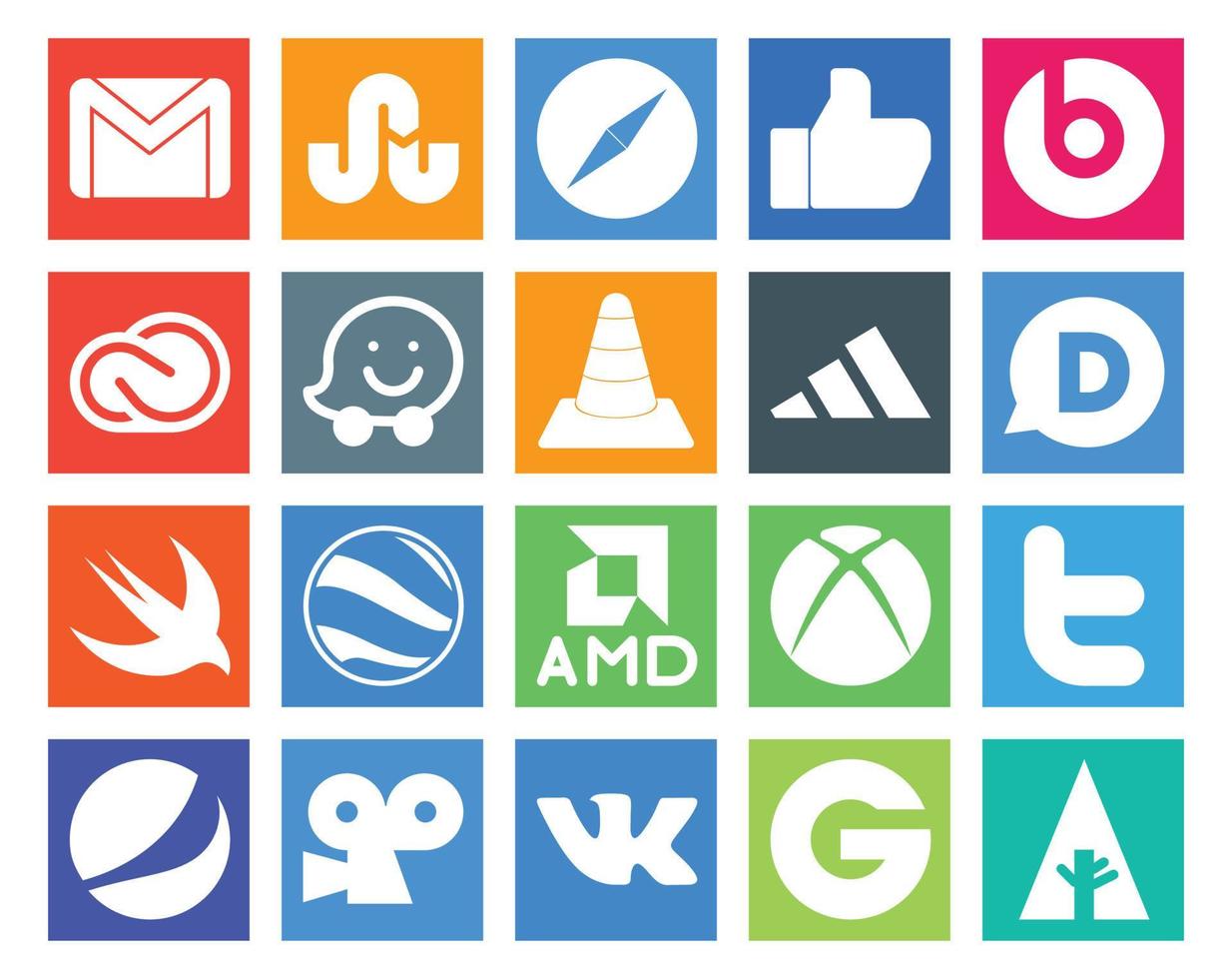Paquete de 20 íconos de redes sociales que incluye Swift adidas Creative Cloud Player vlc vector