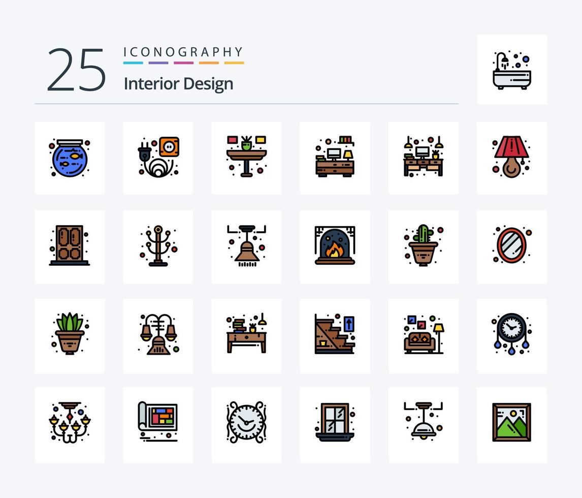 Interior Design 25 Line Filled icon pack including table. desk. household. computer. table vector