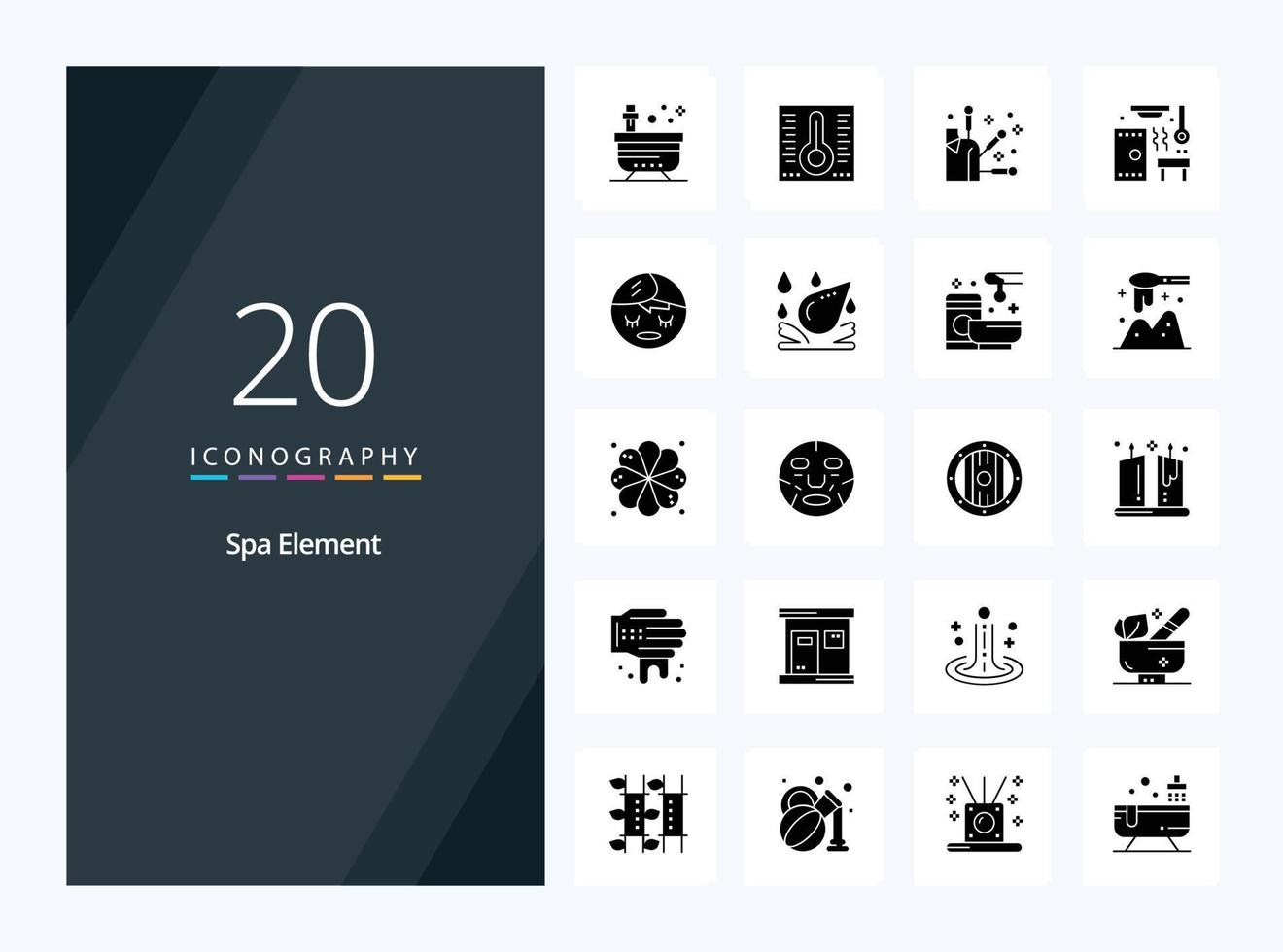 20 icono de glifo sólido de elemento de spa para presentación vector