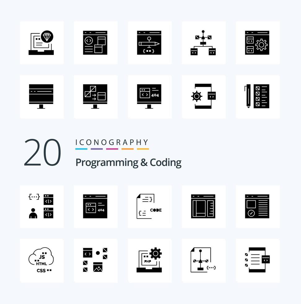 20 programación y codificación paquete de iconos de glifos sólidos como desarrollar navegador desarrollar documento desarrollar vector