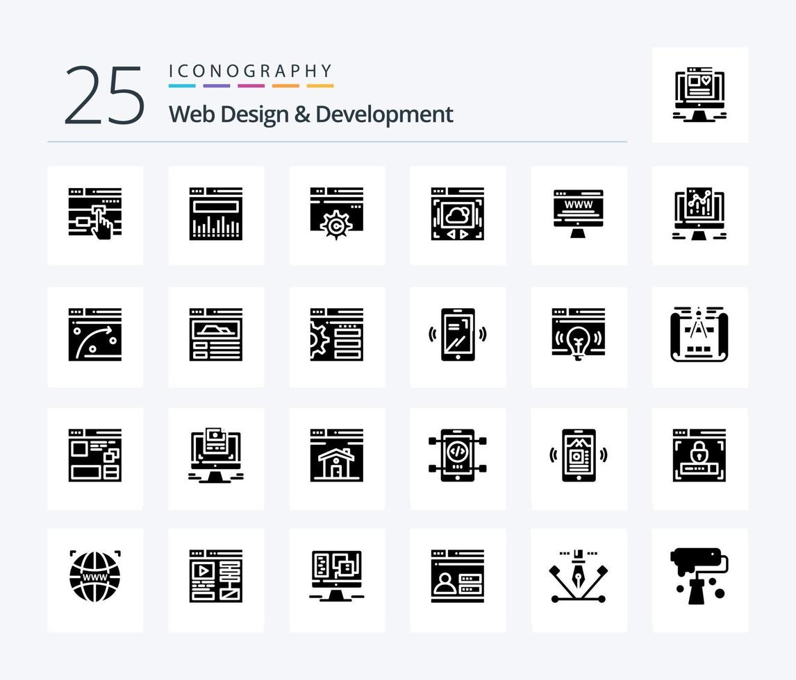 Web Design And Development 25 Solid Glyph icon pack including cloud sharing . web page . web. gear vector