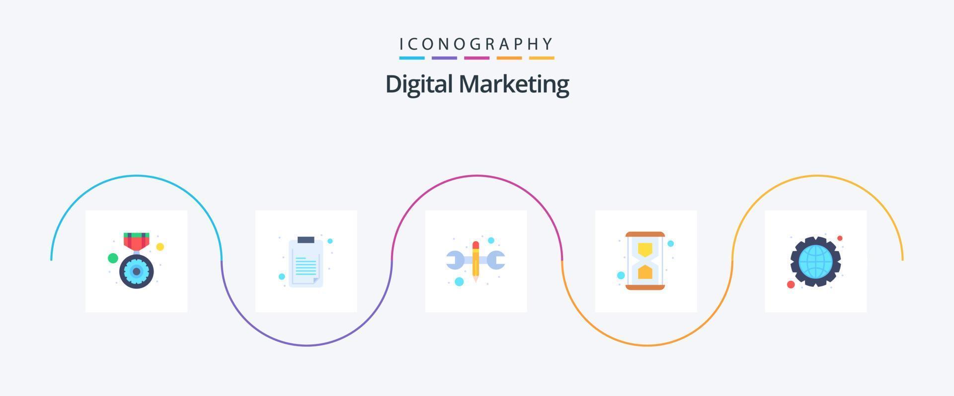 paquete de iconos planos de marketing digital 5 que incluye integración. reparar. tiempo. vaso vector