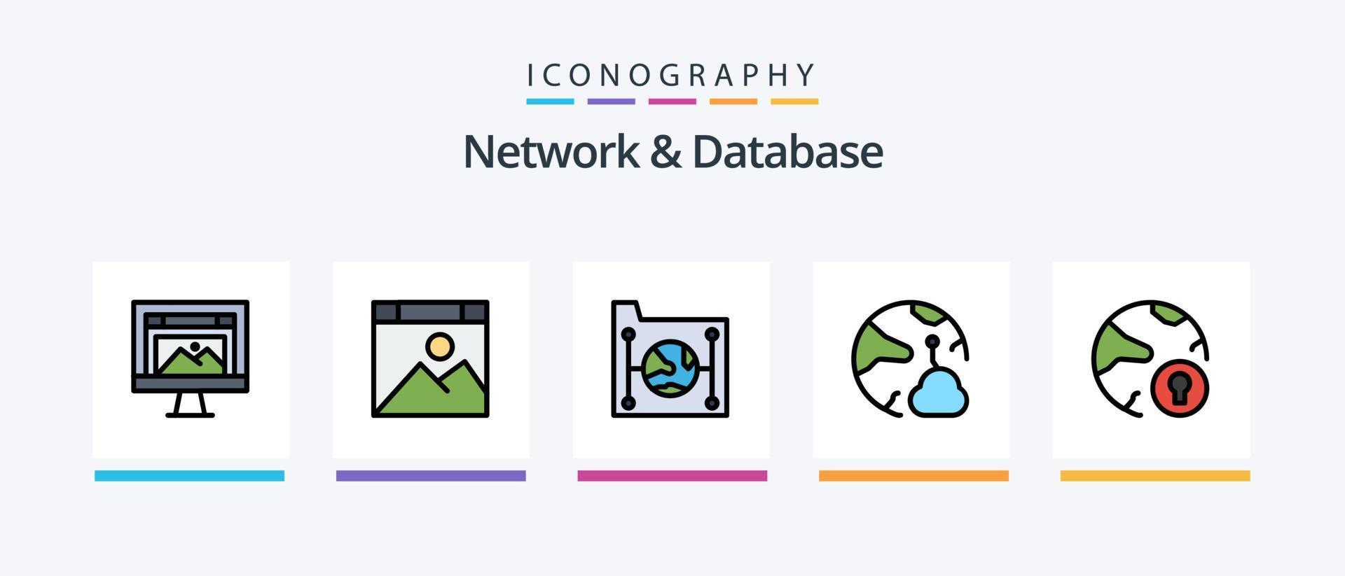 la línea de red y base de datos llenó el paquete de 5 iconos, incluida la base de datos. nube. en línea. cortar. base de datos. diseño de iconos creativos vector