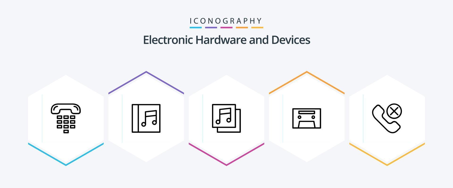 paquete de iconos de 25 líneas de dispositivos que incluye teléfono. contacto. álbumes llamar. cinta de audio vector