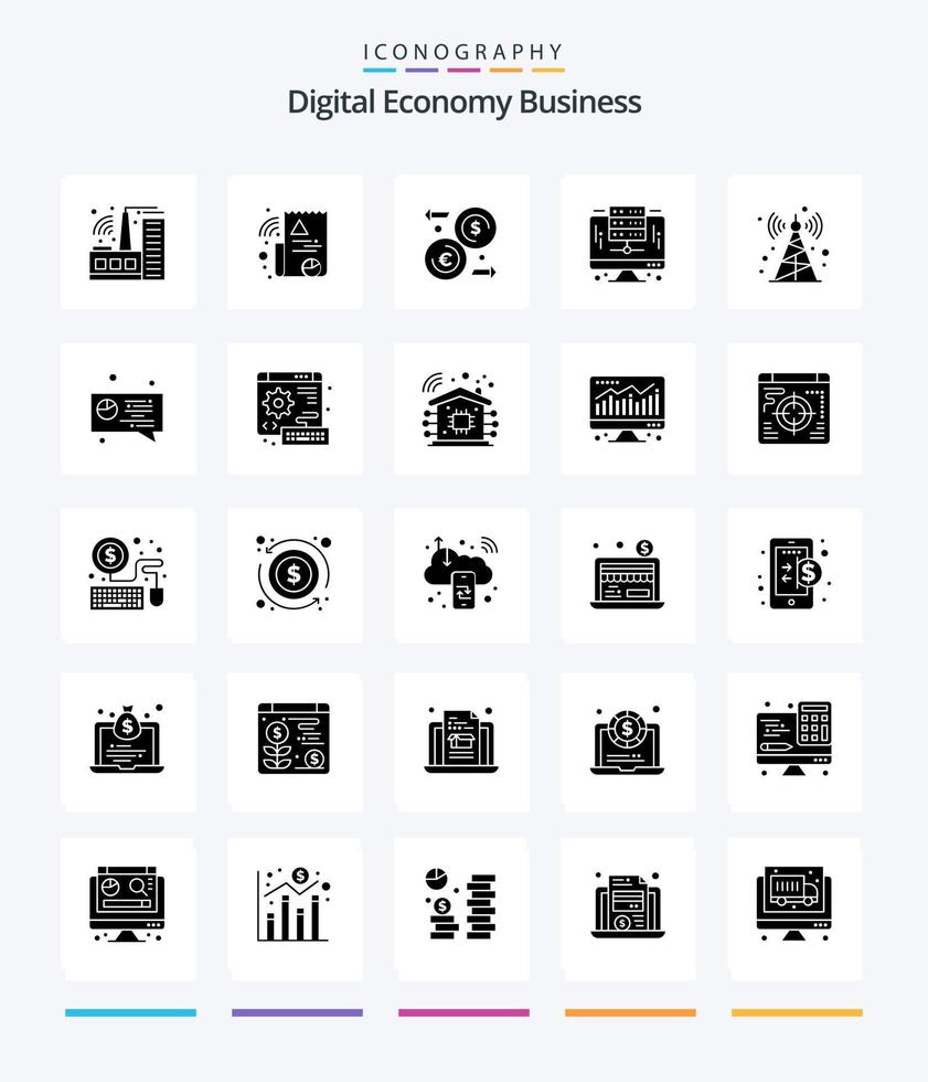 paquete de iconos negros sólidos de 25 glifos de negocio de economía digital creativa, como chat. radio. dinero. torre de comunicaciones base de datos vector