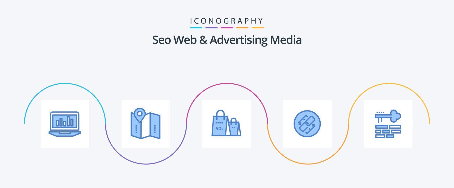 Seo Web And Advertising Media Blue 5 Icon Pack Including url. link. location. shopping. purse vector