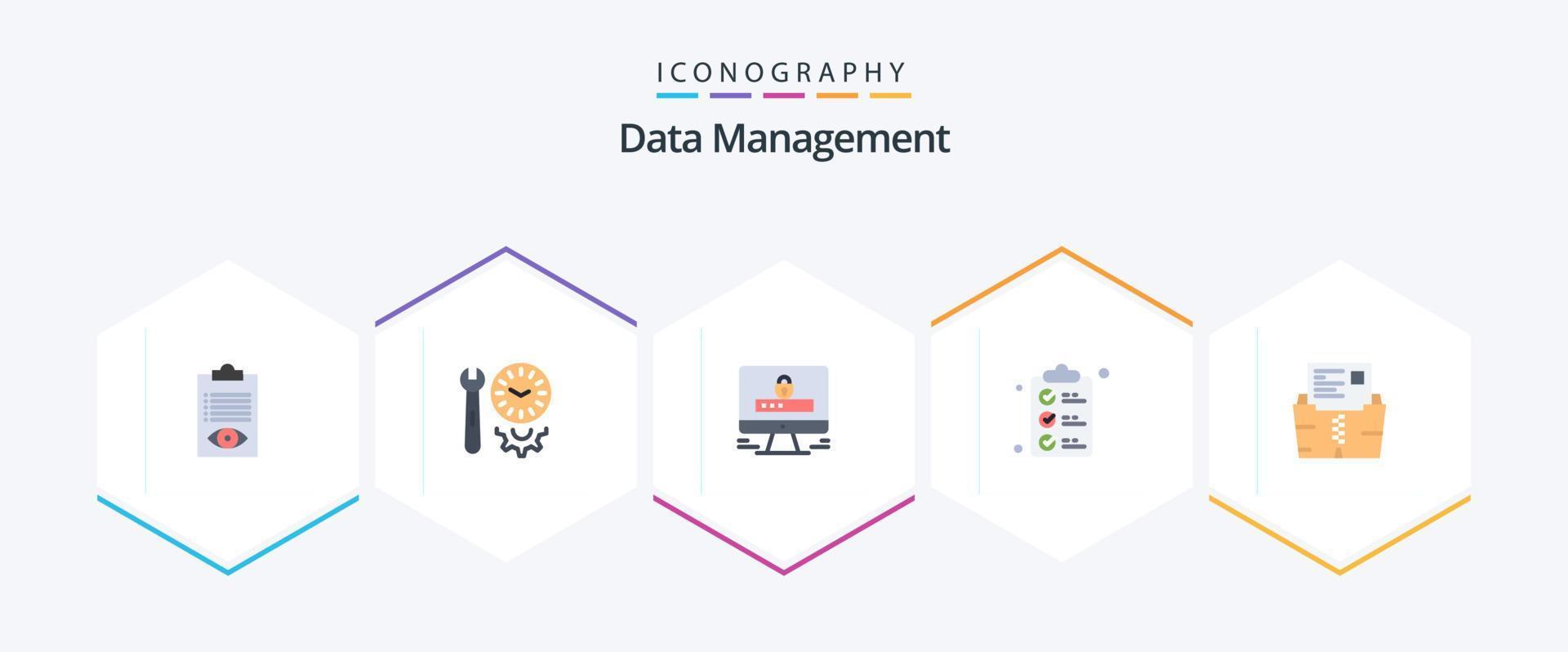 Data Management 25 Flat icon pack including mark. document. settings. check list. lock vector