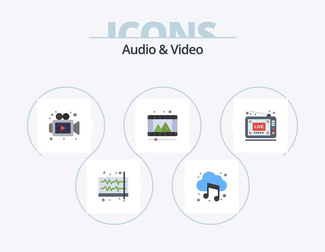 paquete de iconos planos de audio y video 5 diseño de iconos. vivir. carrete. sonido. video. jugar vector