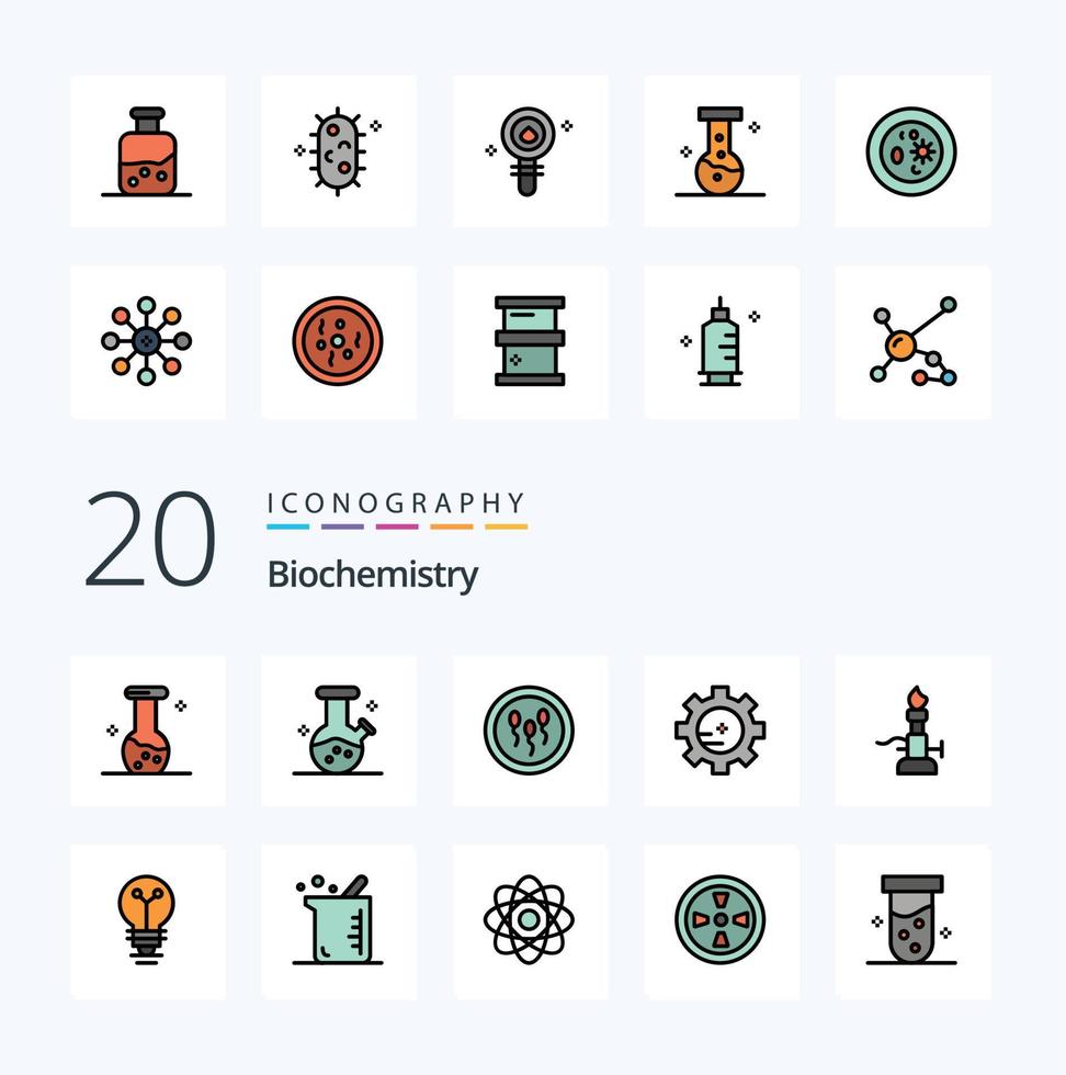 20 Biochemistry Line Filled Color icon Pack like light fire biology chemistry gear vector