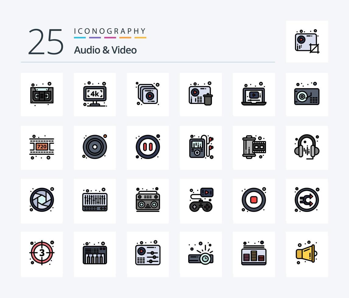 Audio And Video 25 Line Filled icon pack including player. laptop. collection. player. fail vector