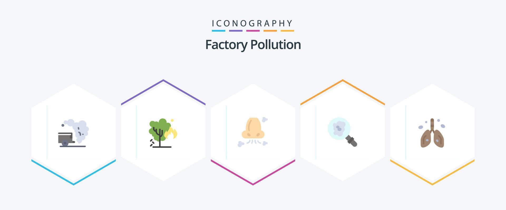 contaminación de fábrica 25 paquete de iconos planos que incluye cáncer. contaminación. aire. investigación. contaminación vector