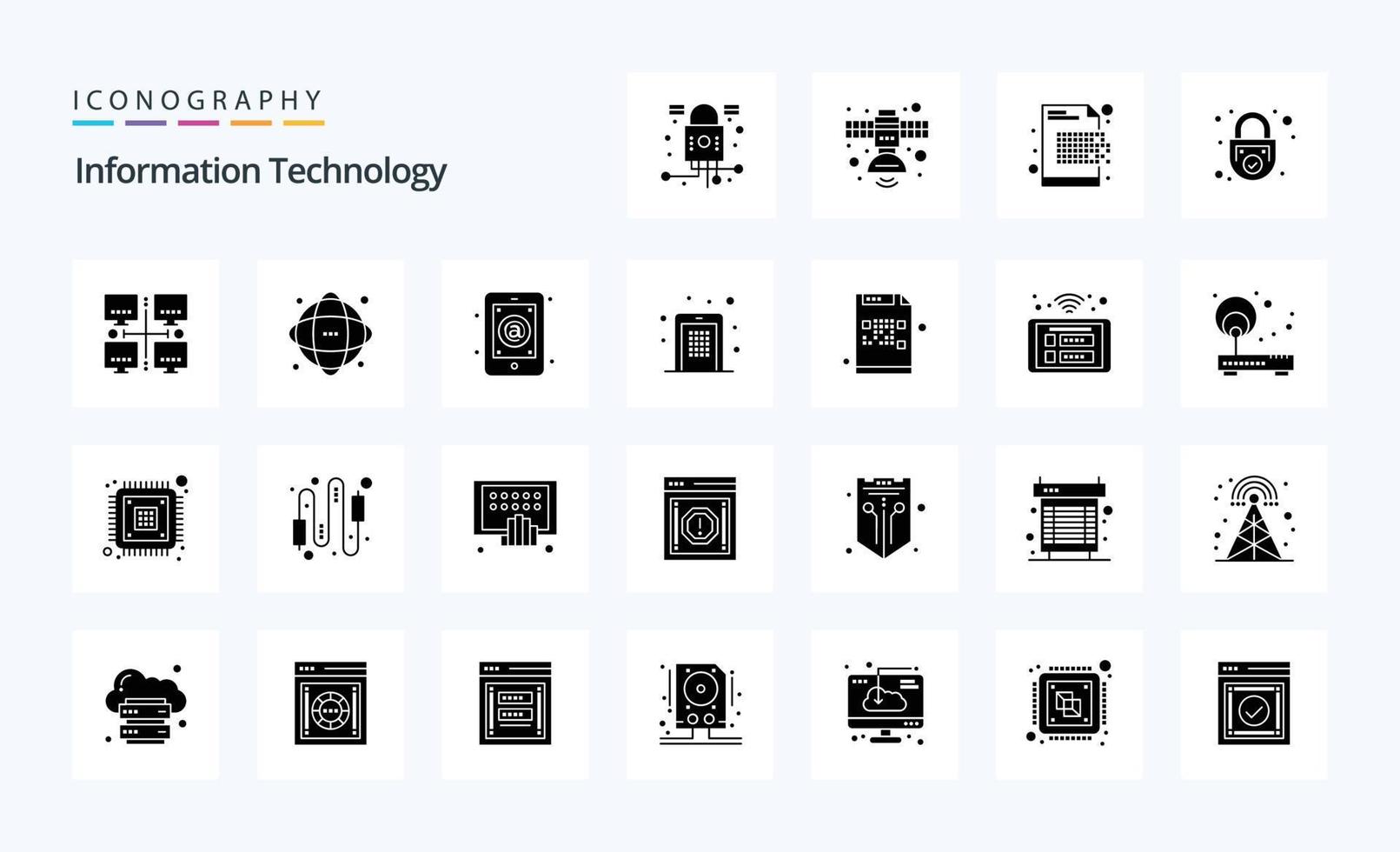 paquete de iconos de 25 glifos sólidos de tecnología de la información vector