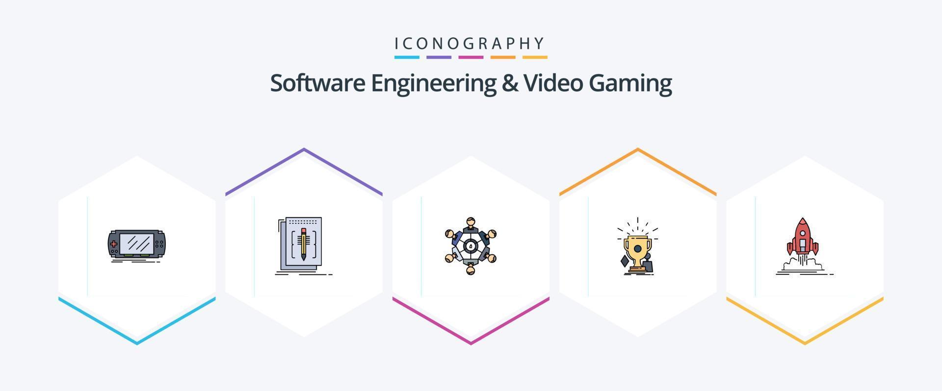 paquete de iconos de 25 líneas rellenas de ingeniería de software y videojuegos, incluido el deporte. premios idioma. jugando. juego vector