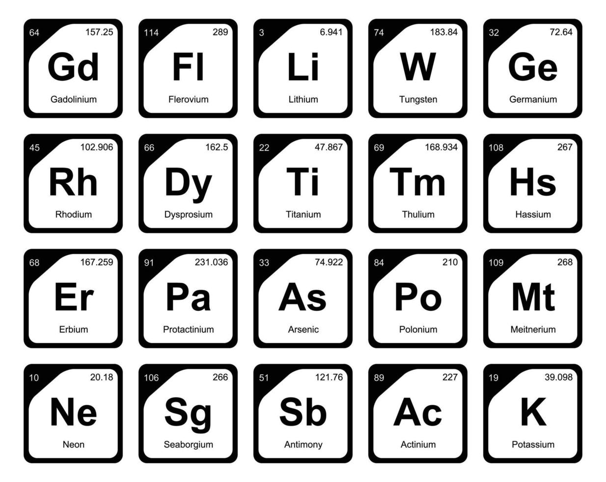 diseño de paquete de iconos de 20 tablas preiodicas de los elementos vector