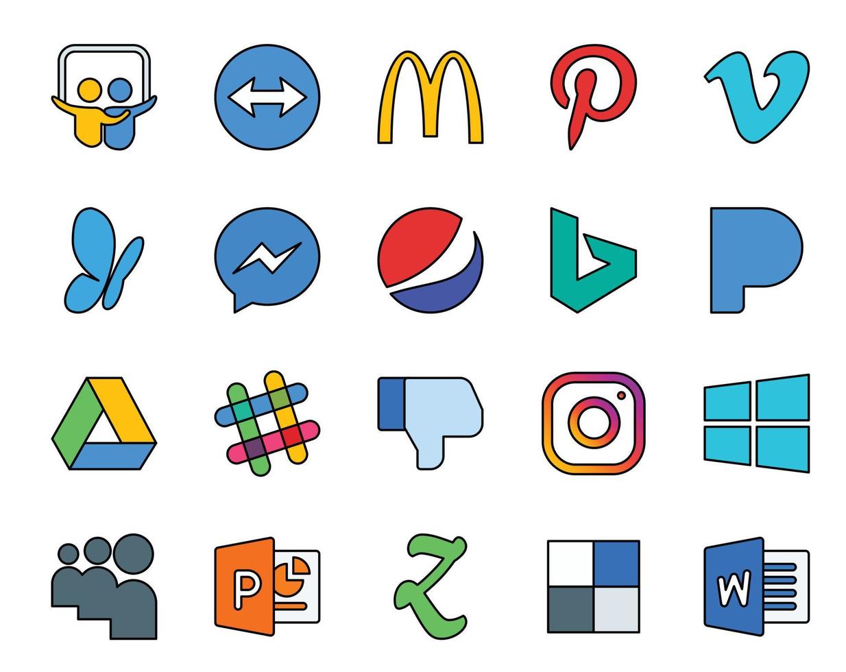 20 Social Media Icon Pack Including myspace instagram pepsi dislike slack vector